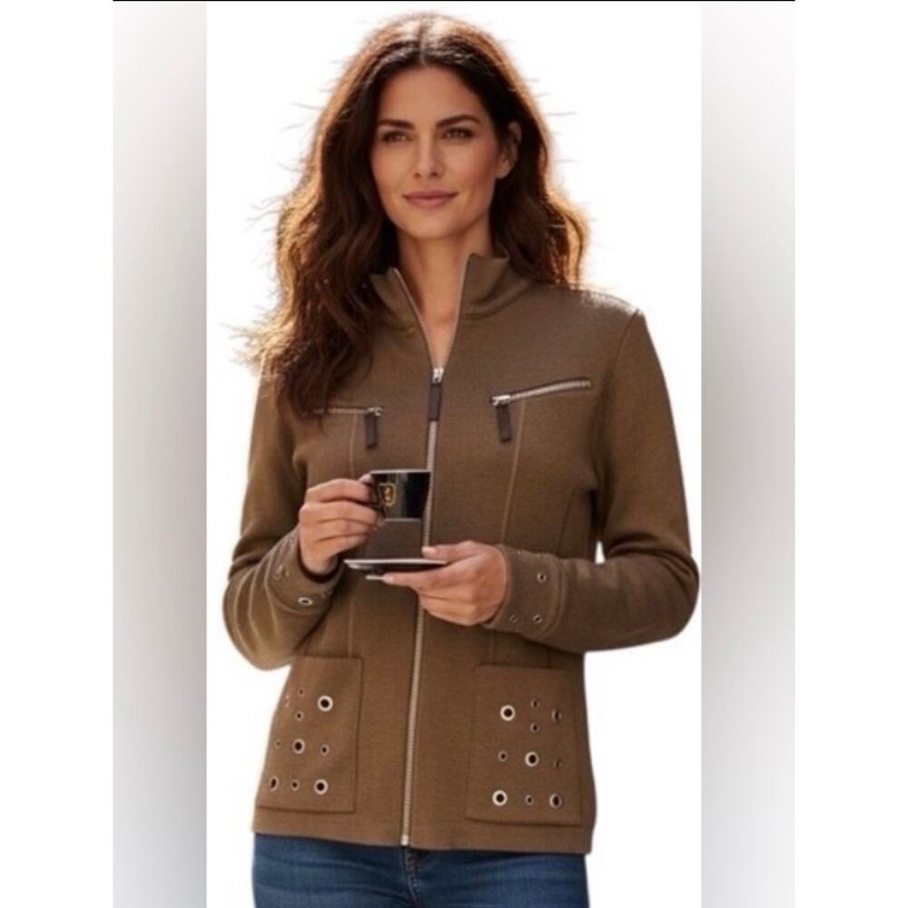 Clorinda Italian Made Merino Wool Blend Zip Front Cardigan Sweater Brown Small